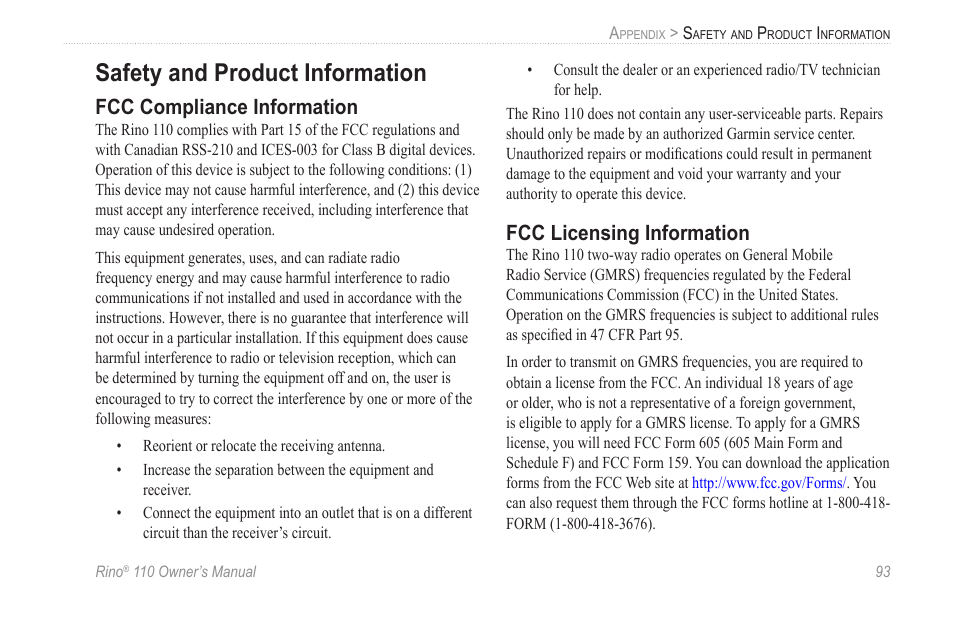 Safety and product information, Fcc compliance information, Fcc licensing information | Garmin 110 User Manual | Page 99 / 110