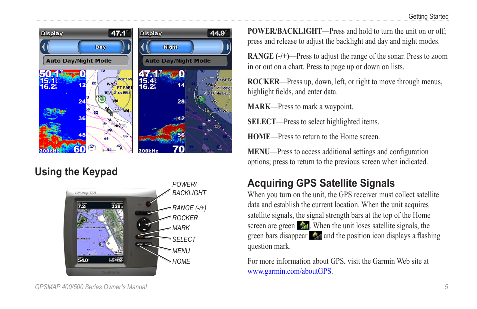 Using the keypad, Acquiring gps satellite signals | Garmin zumo 450 User Manual | Page 11 / 72