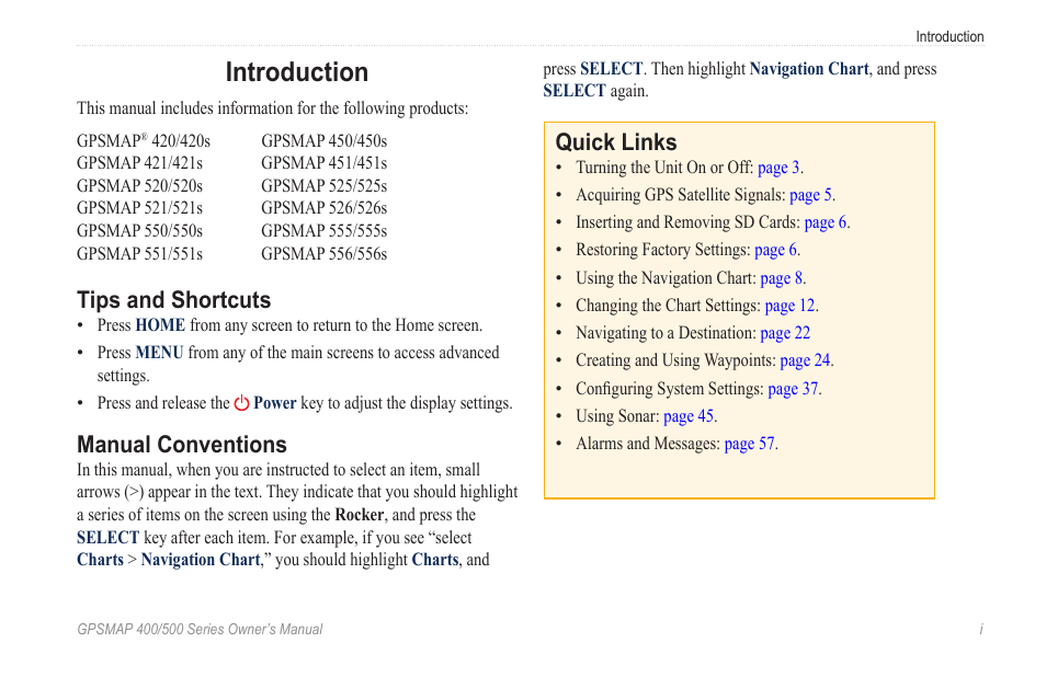 Introduction, Tips and shortcuts, Manual conventions | Quick links | Garmin zumo 450 User Manual | Page 3 / 72