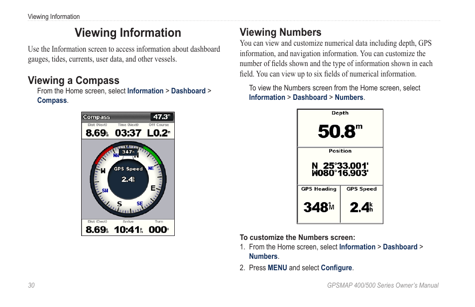 Viewing information, Viewing a compass, Viewing numbers | Garmin zumo 450 User Manual | Page 36 / 72