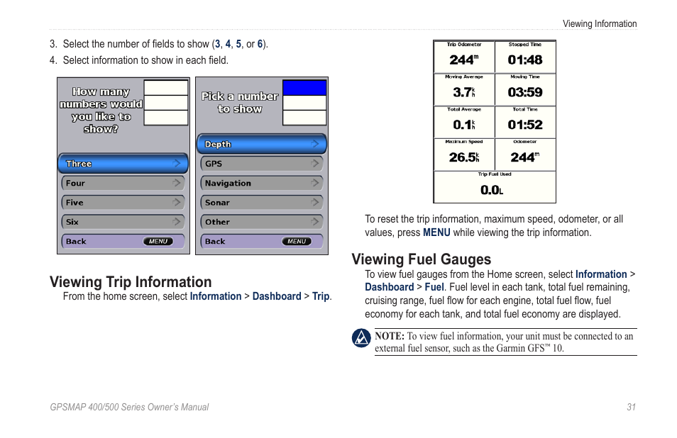 Viewing trip information, Viewing fuel gauges | Garmin zumo 450 User Manual | Page 37 / 72