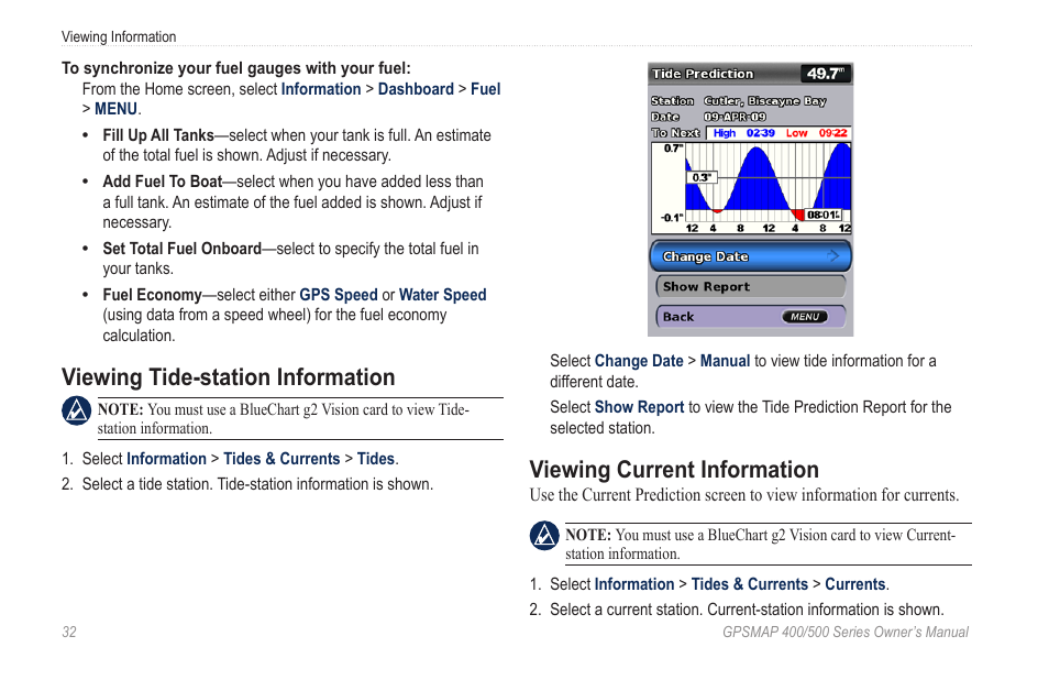 Viewing tide-station information, Viewing current information | Garmin zumo 450 User Manual | Page 38 / 72