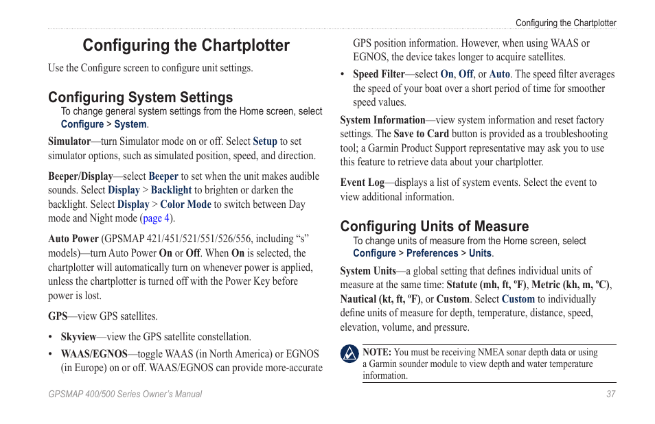 Configuring the chartplotter, Configuring system settings, Configuring units of measure | Garmin zumo 450 User Manual | Page 43 / 72