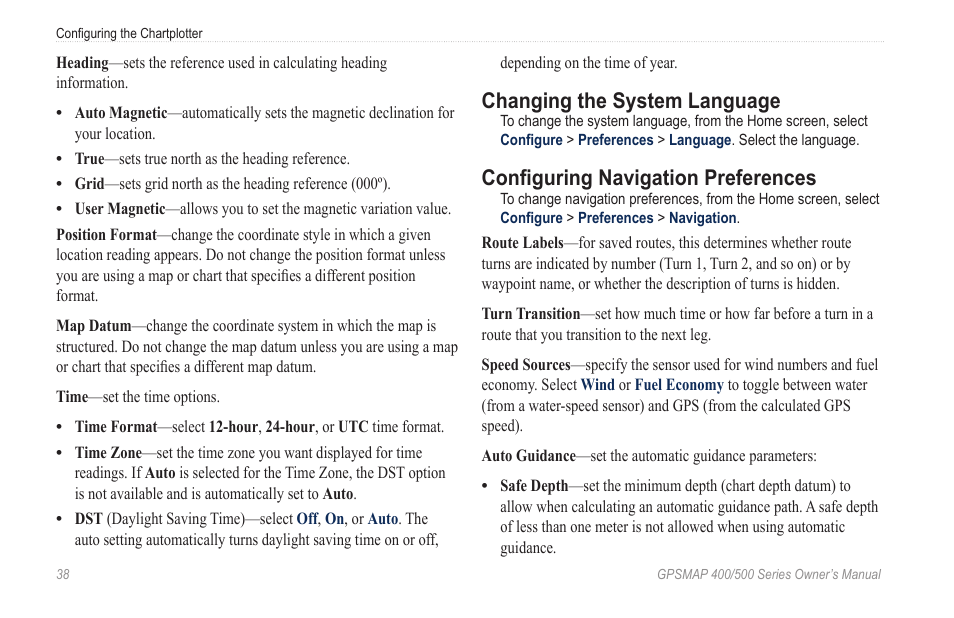 Changing the system language, Configuring navigation preferences | Garmin zumo 450 User Manual | Page 44 / 72