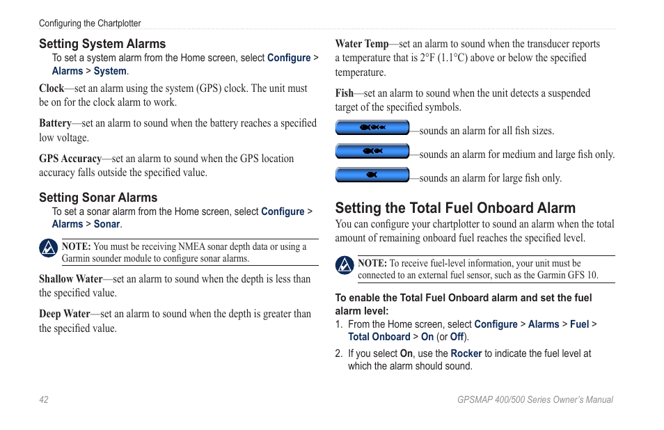 Setting the total fuel onboard alarm | Garmin zumo 450 User Manual | Page 48 / 72