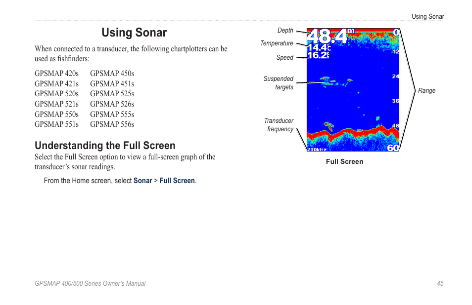 Using sonar, Understanding the full screen, Set up and access sonar information | Garmin zumo 450 User Manual | Page 51 / 72