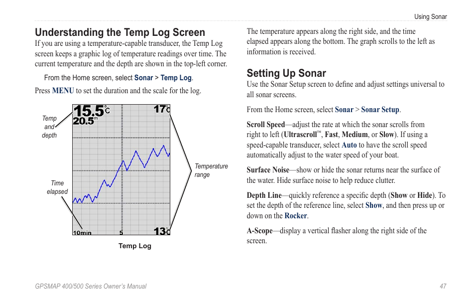 Understanding the temp log screen, Setting up sonar | Garmin zumo 450 User Manual | Page 53 / 72