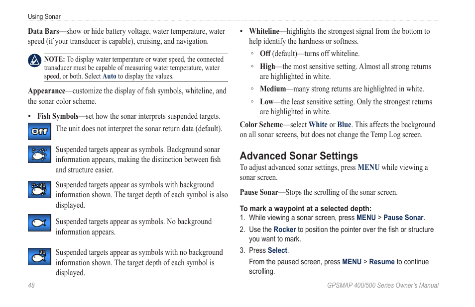 Advanced sonar settings | Garmin zumo 450 User Manual | Page 54 / 72