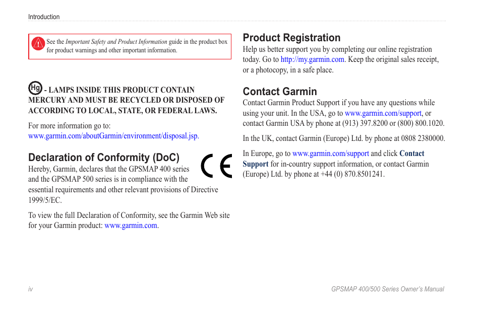 Declaration of conformity (doc), Product registration, Contact garmin | Garmin zumo 450 User Manual | Page 6 / 72