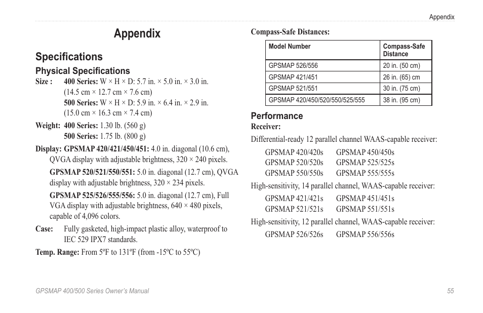 Appendix, Specifications | Garmin zumo 450 User Manual | Page 61 / 72