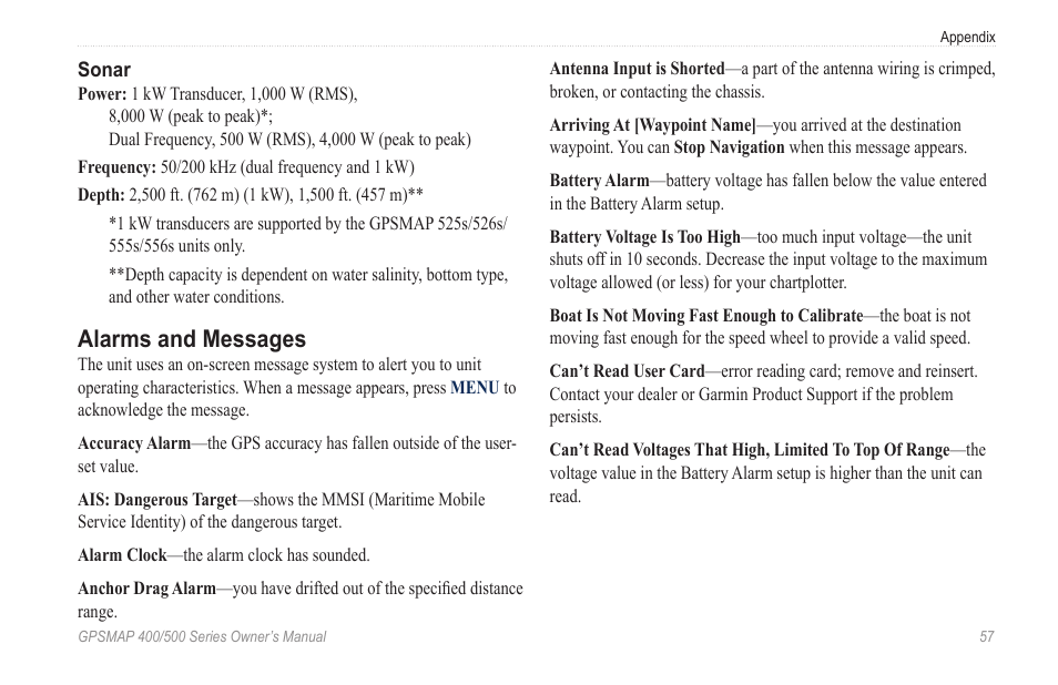 Alarms and messages | Garmin zumo 450 User Manual | Page 63 / 72