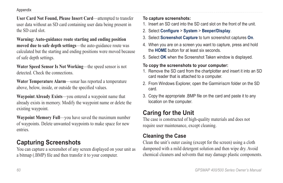 Capturing screenshots, Caring for the unit | Garmin zumo 450 User Manual | Page 66 / 72