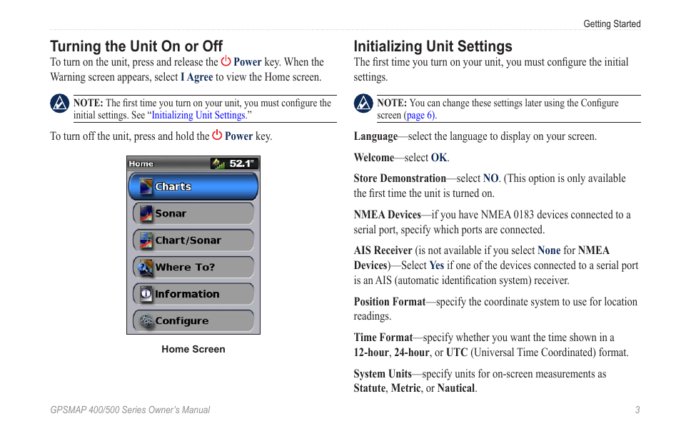 Turning the unit on or off, Initializing unit settings | Garmin zumo 450 User Manual | Page 9 / 72