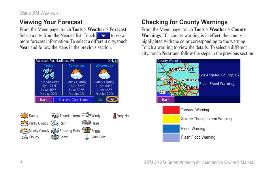 Viewing your forecast, Checking for county warnings | Garmin GXM 30 User Manual | Page 10 / 26