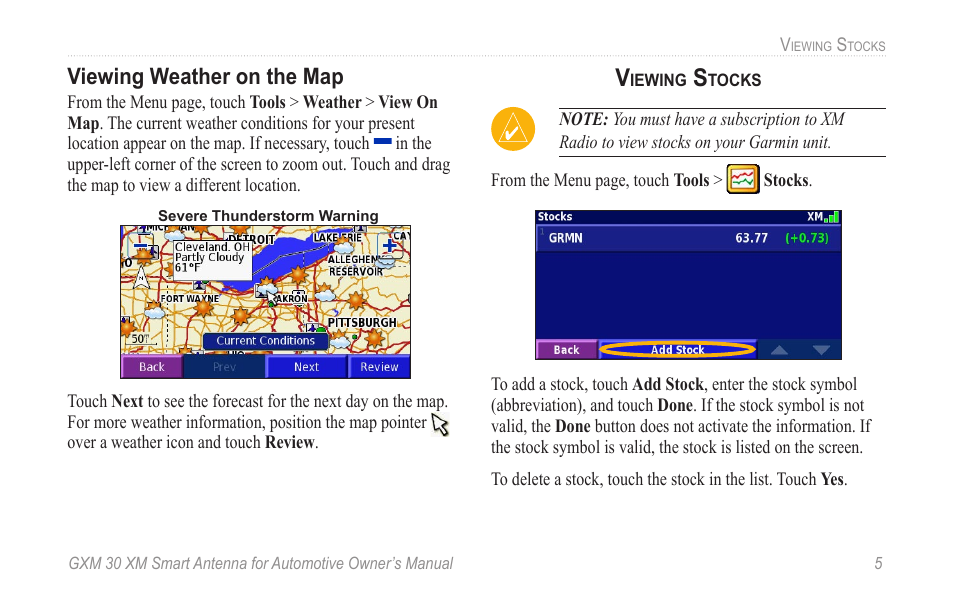 Viewing weather on the map, Viewing stocks | Garmin GXM 30 User Manual | Page 11 / 26