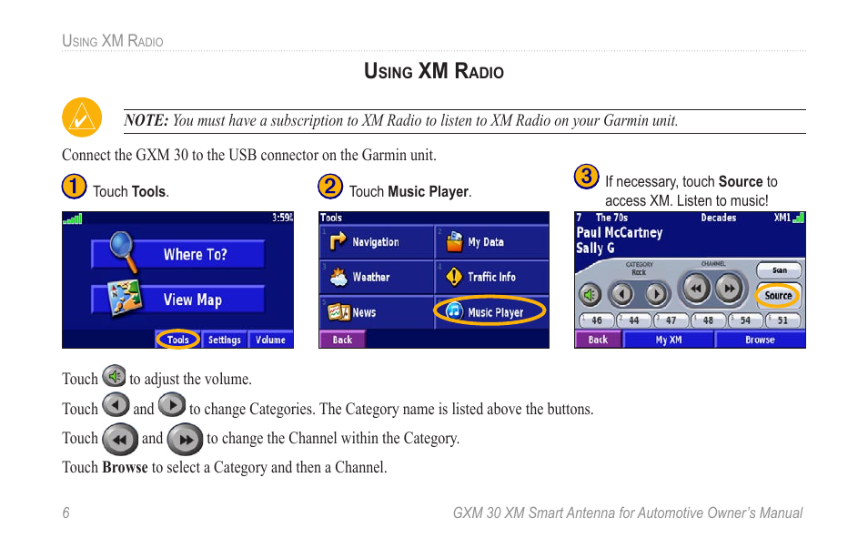 Using xm radio, Xm r | Garmin GXM 30 User Manual | Page 12 / 26