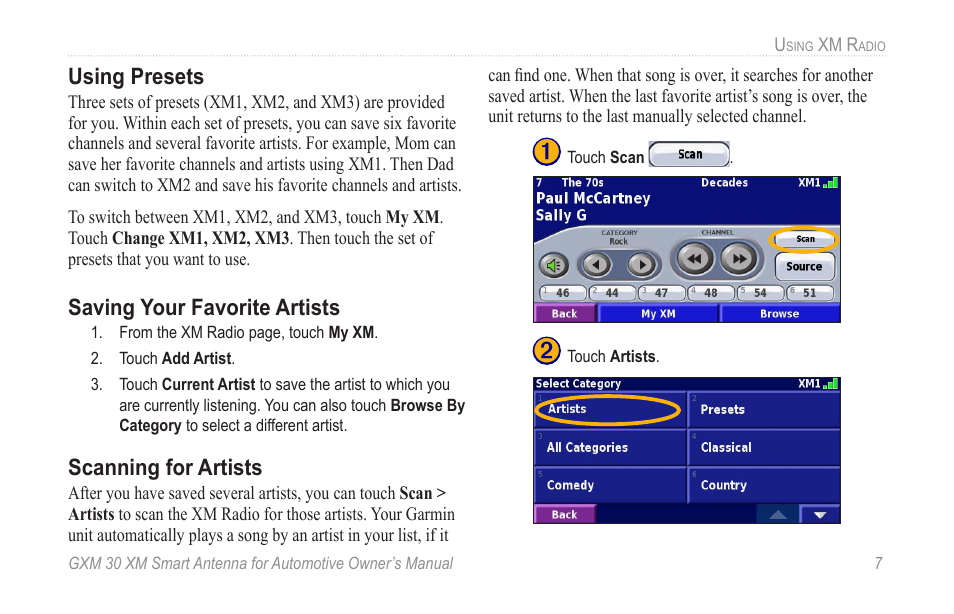 Using presets, Saving your favorite artists, Scanning for artists | Garmin GXM 30 User Manual | Page 13 / 26