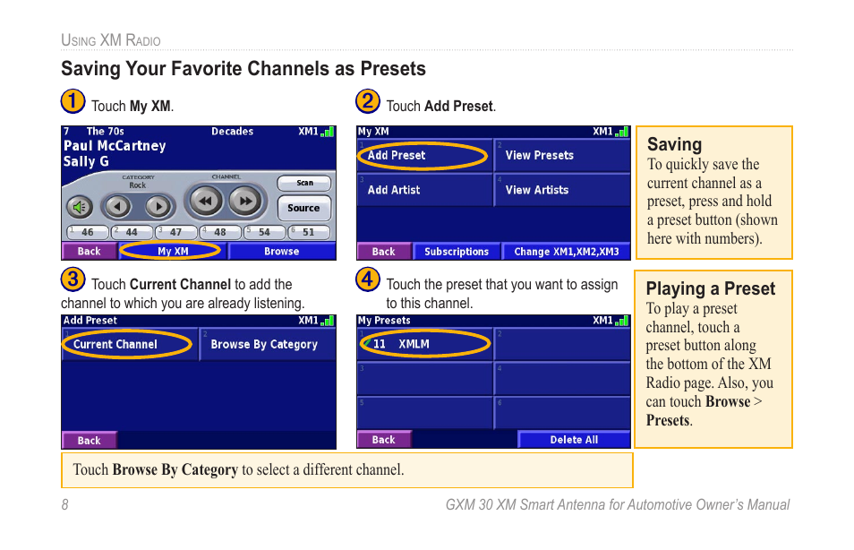 Saving your favorite channels as presets | Garmin GXM 30 User Manual | Page 14 / 26