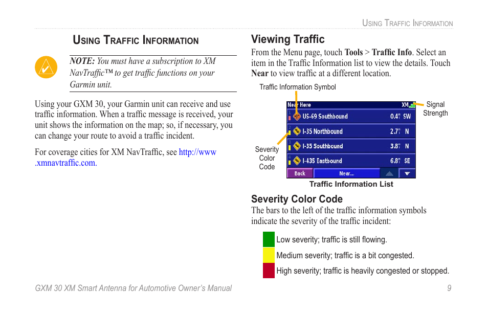 Using traffic information, Viewing traffic, Using trafﬁc information | Viewing trafﬁc | Garmin GXM 30 User Manual | Page 15 / 26