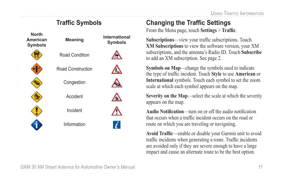 Traffic symbols, Changing the traffic settings, Trafﬁc symbols | Changing the trafﬁc settings | Garmin GXM 30 User Manual | Page 17 / 26