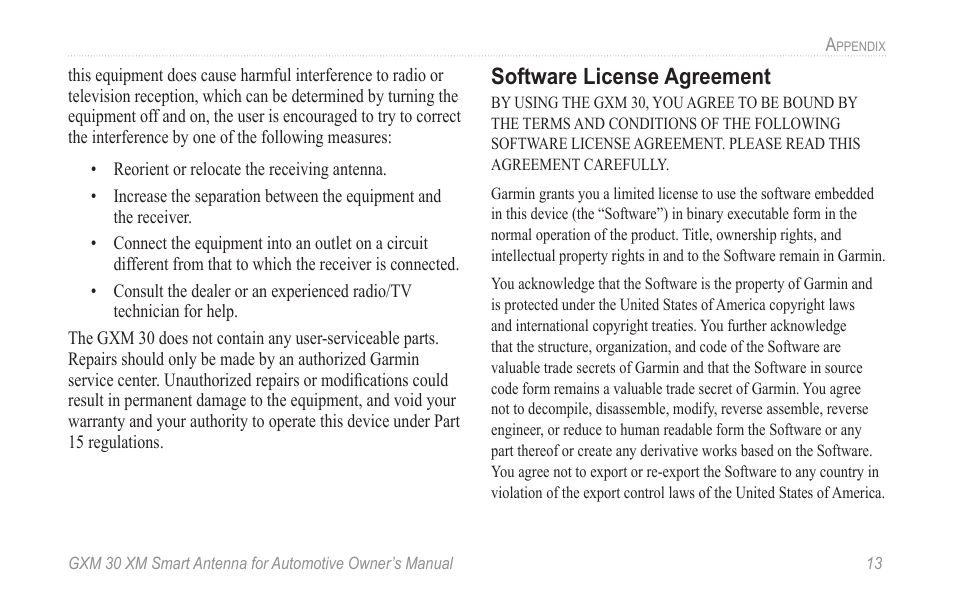 Software license agreement | Garmin GXM 30 User Manual | Page 19 / 26