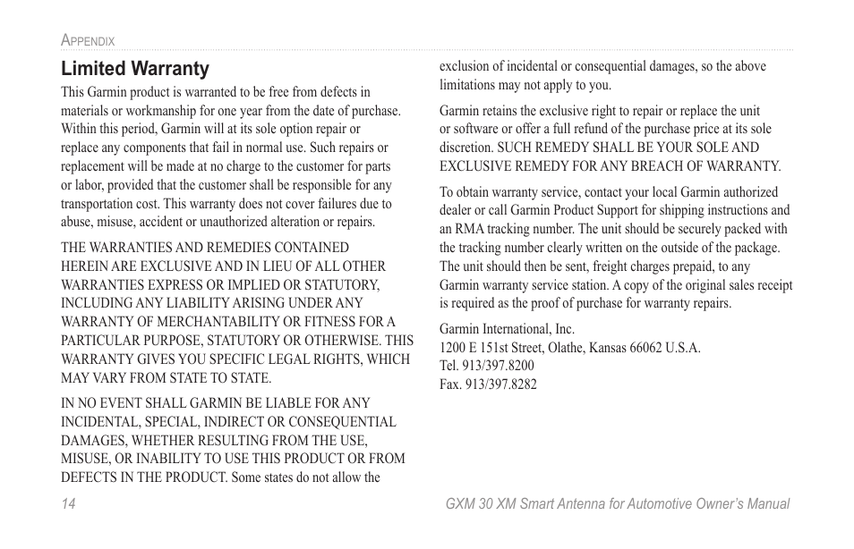 Limited warranty | Garmin GXM 30 User Manual | Page 20 / 26