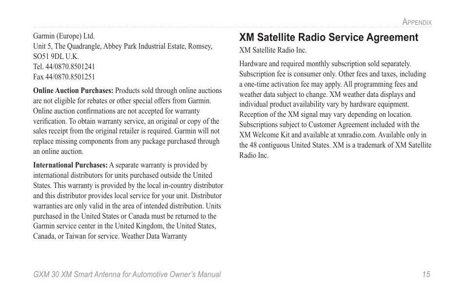 Xm satellite radio service agreement | Garmin GXM 30 User Manual | Page 21 / 26