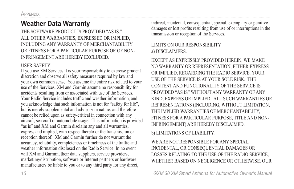 Weather data warranty | Garmin GXM 30 User Manual | Page 22 / 26