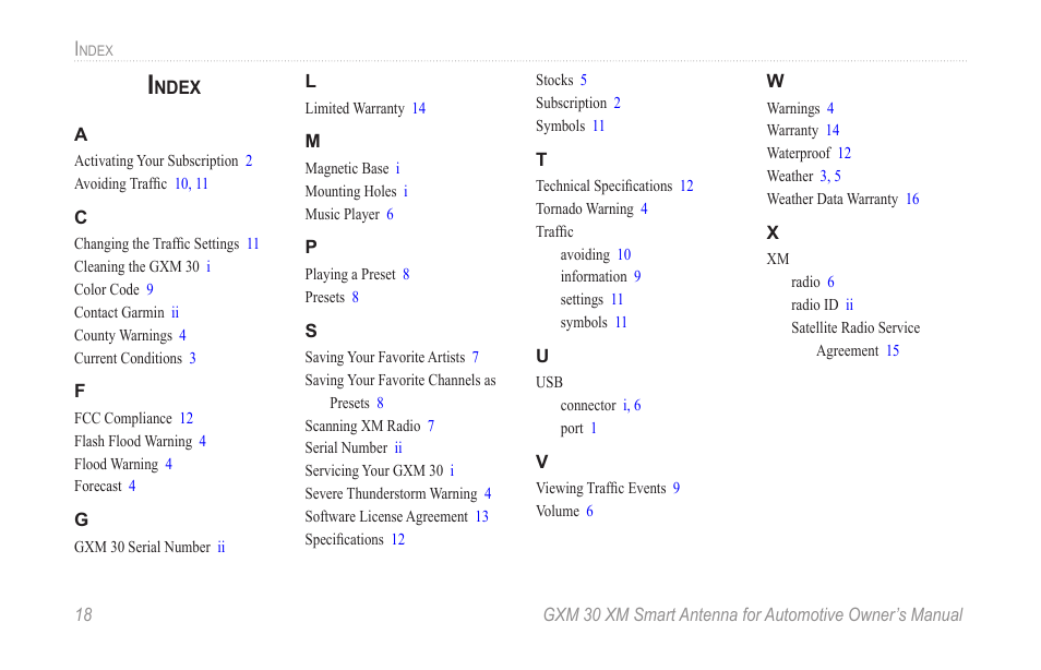 Index | Garmin GXM 30 User Manual | Page 24 / 26