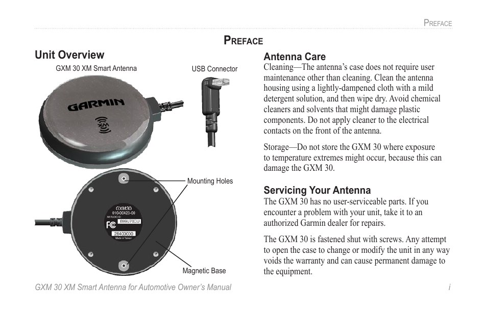 Preface, Unit overview | Garmin GXM 30 User Manual | Page 3 / 26