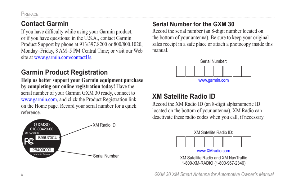 Contact garmin, Garmin product registration, Xm satellite radio id | Garmin GXM 30 User Manual | Page 4 / 26