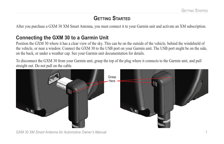 Getting started, Connecting the gxm 30 to a garmin unit | Garmin GXM 30 User Manual | Page 7 / 26