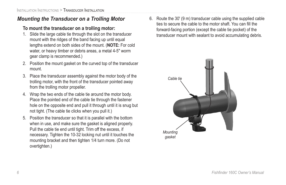 Mounting the transducer on a trolling motor | Garmin 160C User Manual | Page 10 / 32