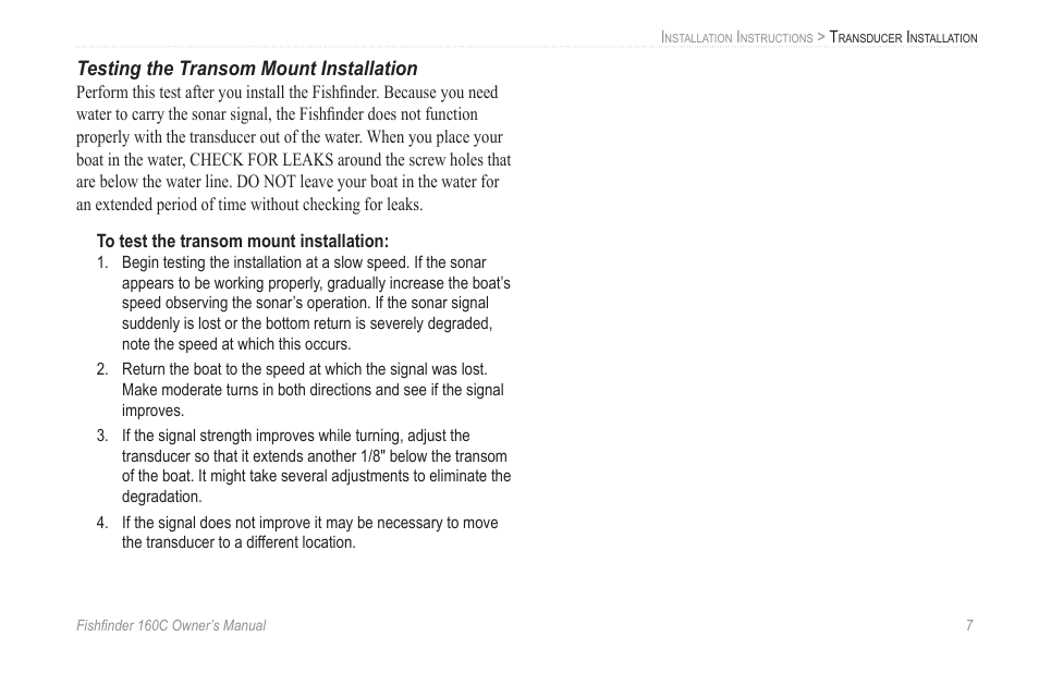 Testing the transom mount installation | Garmin 160C User Manual | Page 11 / 32