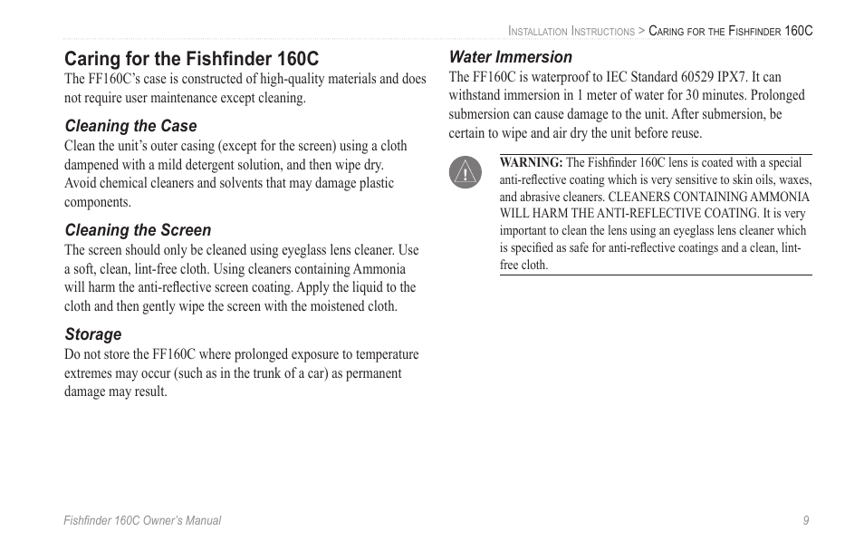 Caring for the fishfinder 160c, Cleaning the case, Cleaning the screen | Storage, Water immersion, Caring for the fishﬁnder 160c | Garmin 160C User Manual | Page 13 / 32