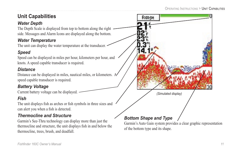 Unit capabilities, Water depth, Water temperature | Speed, Distance, Thermocline and structure, Bottom shape and type | Garmin 160C User Manual | Page 15 / 32