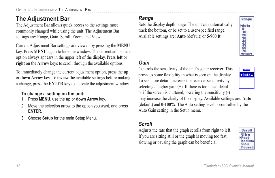 The adjustment bar, Range, Gain | Scroll | Garmin 160C User Manual | Page 16 / 32