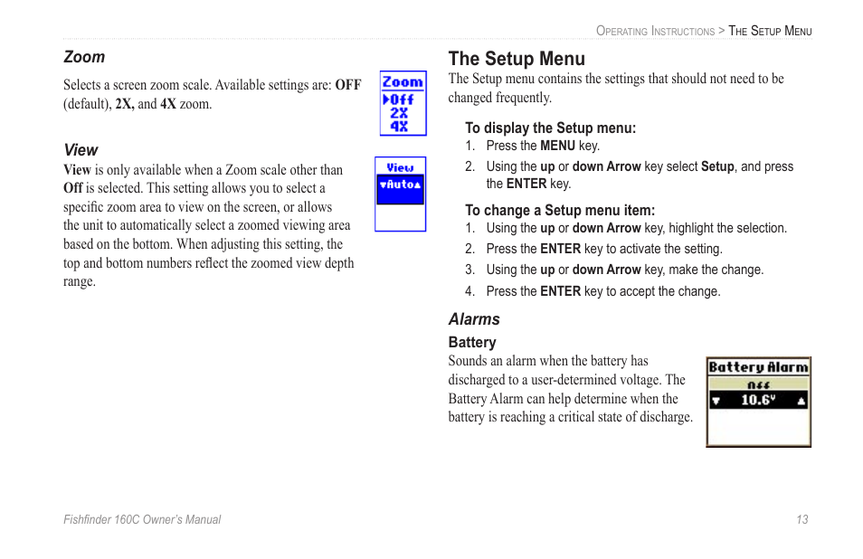 View, The setup menu, Alarms | Garmin 160C User Manual | Page 17 / 32