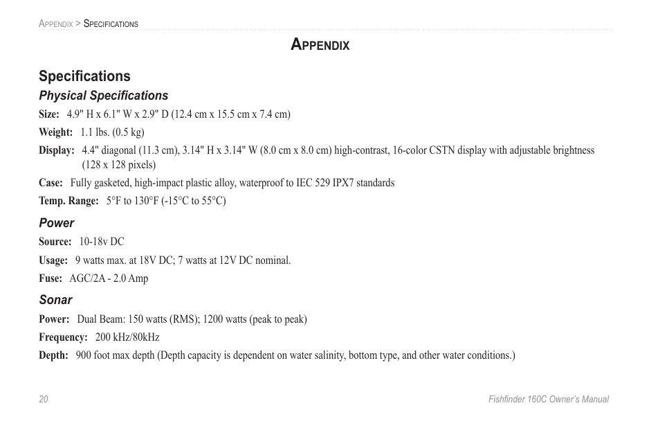 Appendix, Specifications, Physical specifications | Power, Sonar, Speciﬁcations, Physical speciﬁcations | Garmin 160C User Manual | Page 24 / 32
