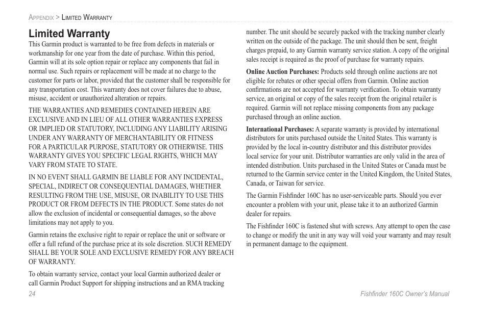 Limited warranty | Garmin 160C User Manual | Page 28 / 32
