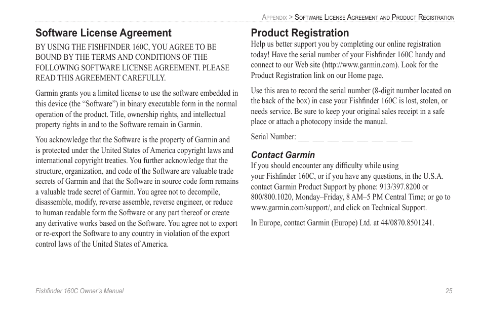 Software license agreement, Product registration, Contact garmin | Garmin 160C User Manual | Page 29 / 32