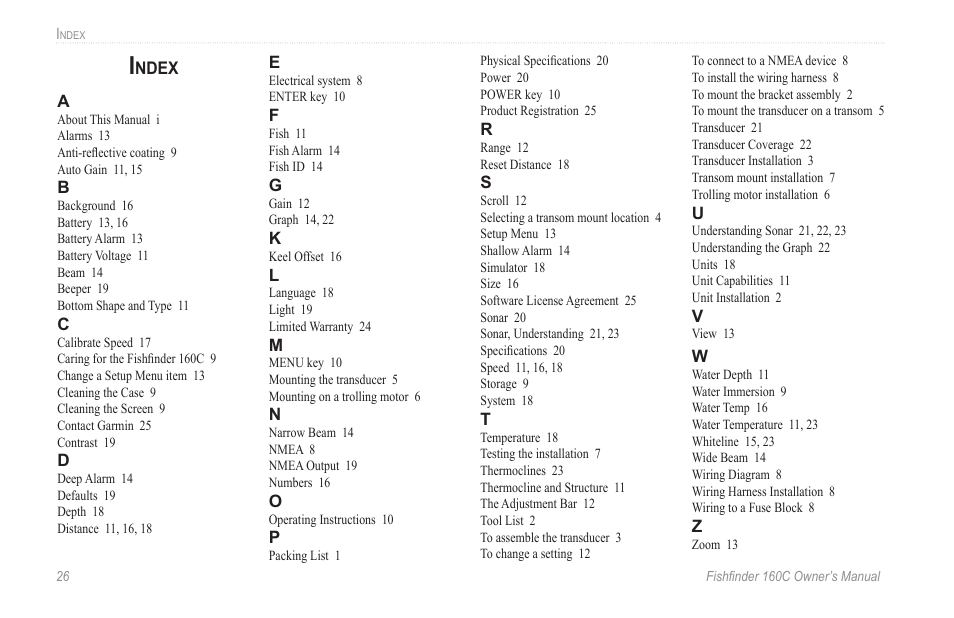 Index | Garmin 160C User Manual | Page 30 / 32