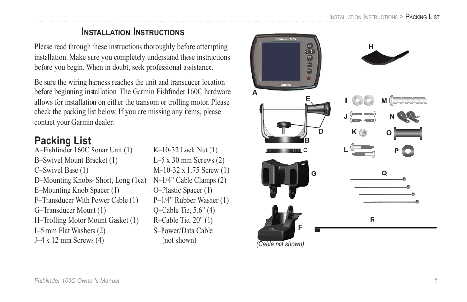 Installation instructions, Packing list | Garmin 160C User Manual | Page 5 / 32