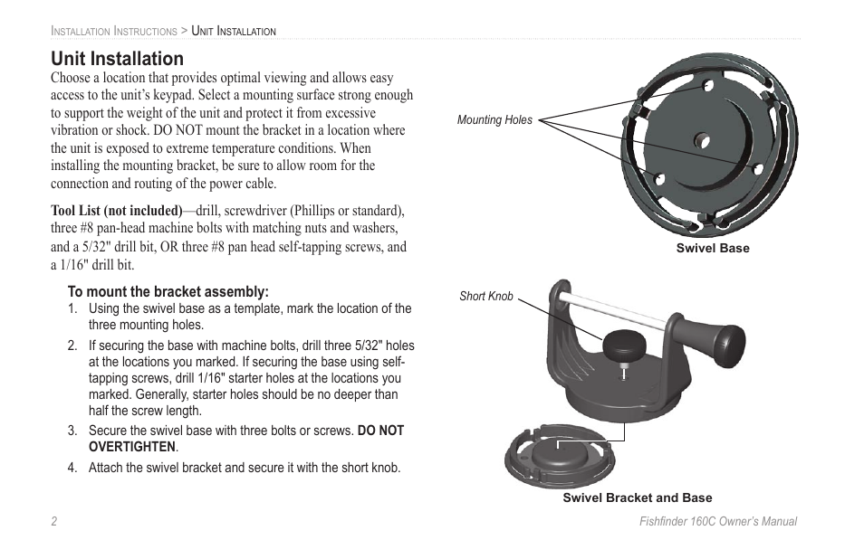 Unit installation | Garmin 160C User Manual | Page 6 / 32