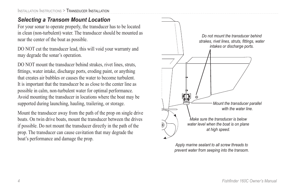 Selecting a transom mount location | Garmin 160C User Manual | Page 8 / 32