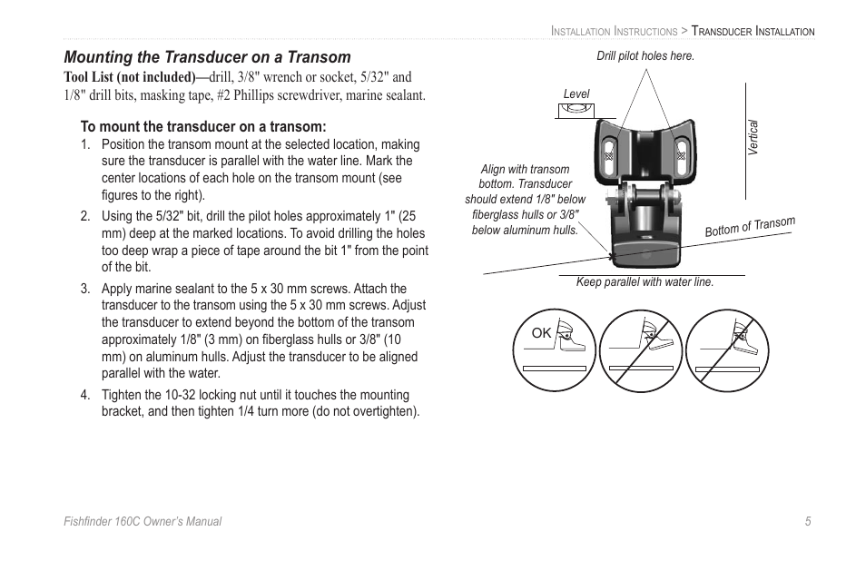 Mounting the transducer on a transom | Garmin 160C User Manual | Page 9 / 32