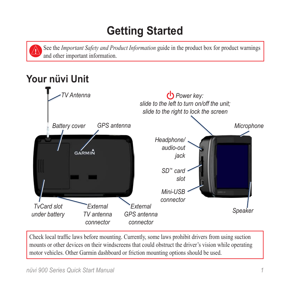 Getting started, Your nüvi unit | Garmin Nuvi 900 User Manual | Page 3 / 16