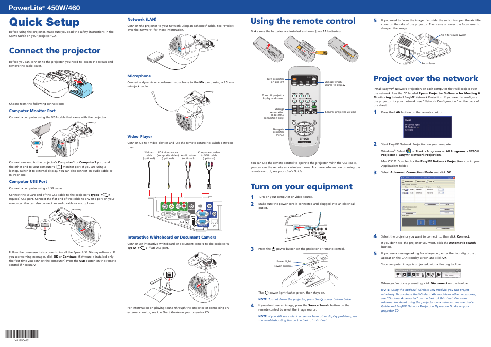 Using the remote control, Turn on your equipment, Project over the network | Quick setup, Connect the projector, Powerlite | Garmin POWERLITE 450W User Manual | Page 2 / 4