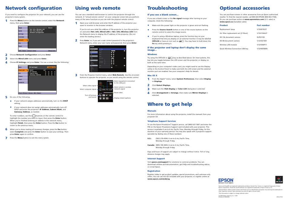 Network configuration, Using web remote, Troubleshooting | Where to get help, Optional accessories | Garmin POWERLITE 450W User Manual | Page 3 / 4