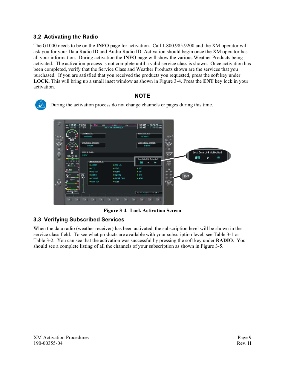 Activating the radio, Verifying subscribed services, Figure 3-4. lock activation screen | Garmin XM GDL 69 User Manual | Page 15 / 38